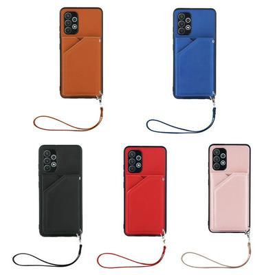 For Samsung Galaxy A32 4G European Version Skin Feel Card Slots Shockproof PU Leather Stand Wallet Phone Case with Hand Strap