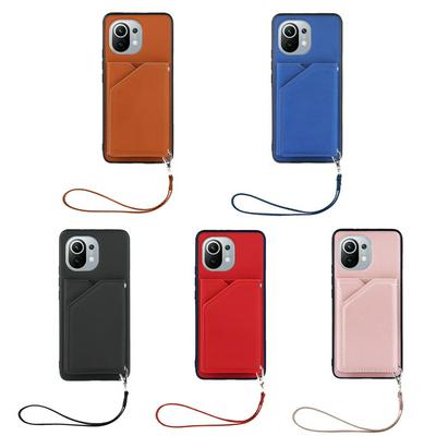 For Xiaomi Mi 11 Skin Feel Card Slots Shockproof PU Leather Stand Wallet Phone Case with Hand Strap