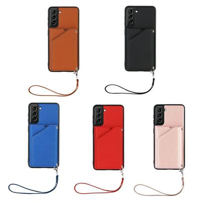 For Samsung Galaxy S21+ 5G Skin Feel Card Slots Shockproof PU Leather Stand Wallet Phone Case with Hand Strap