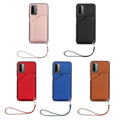 For Xiaomi Poco M3/Note 9 4G/Redmi 9 Power/Redmi 9T Skin Feel Card Slots Shockproof PU Leather Stand Wallet Phone Case with Hand Strap