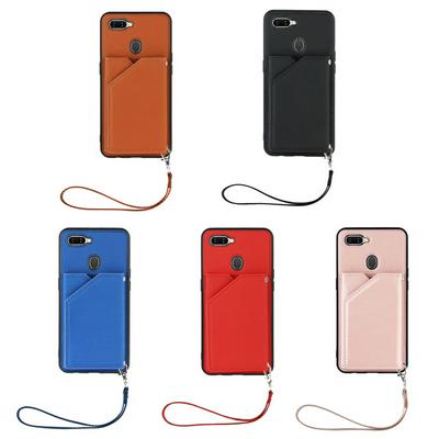 For Oppo A7 Skin Feel Card Slots Shockproof PU Leather Stand Wallet Phone Case with Hand Strap