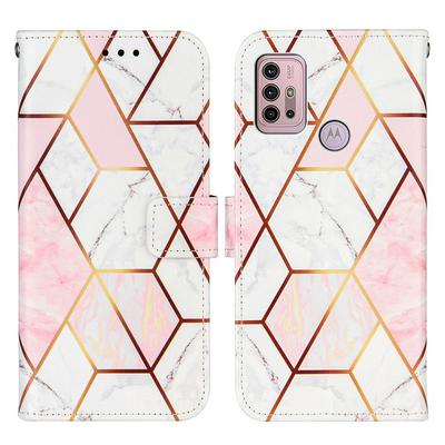 For Motorola Moto G30/G10/G10 Power Marble Plating Stitching Geometric Patterns PU Leather+TPU Wallet Phone Case with Wristband