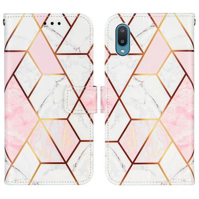 For Samsung Galaxy A02/M02 (International Edition) Marble Plating Stitching Geometric Patterns PU Leather+TPU Wallet Phone Case with Wristband