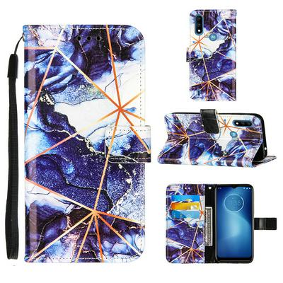 For Motorola Moto E7 Power Marble Plating Stitching Geometric Patterns PU Leather+TPU Wallet Phone Case with Wristband