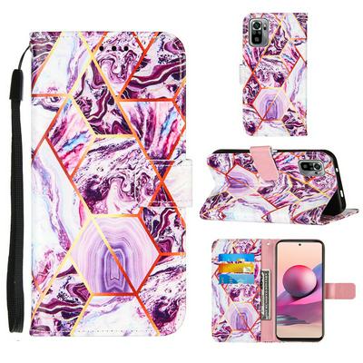 For Xiaomi Redmi Note 10S/Note 10 4G Marble Plating Stitching Geometric Patterns PU Leather+TPU Wallet Phone Case with Wristband