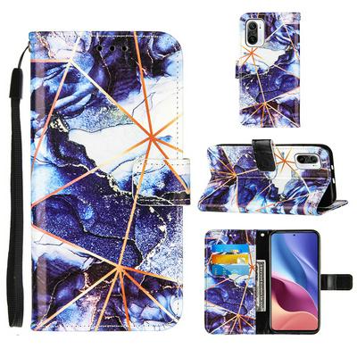 For Xiaomi Redmi K40/K40 Pro/Xiaomi Mi 11i/Xiaomi Poco F3 Marble Plating Stitching Geometric Patterns PU Leather+TPU Wallet Phone Case with Wristband