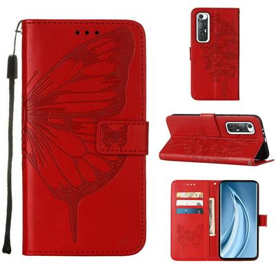 For Xiaomi Mi 10S Embossed Big Butterfly Scratch Resistant Wallet Leather Case with Wrist Strap