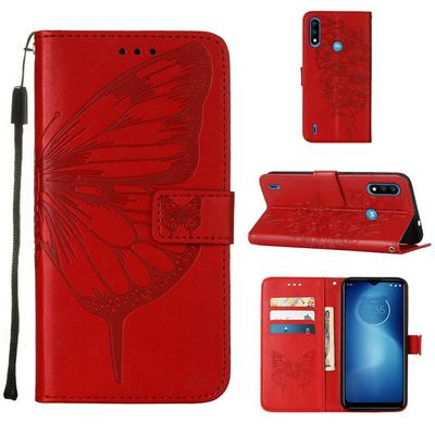 For Motorola Moto E7 Power Embossed Big Butterfly Scratch Resistant Wallet Leather Case with Wrist Strap