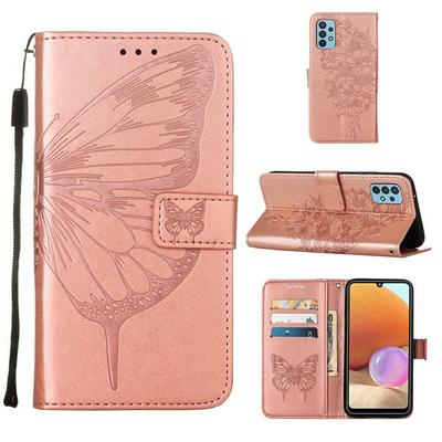 For Samsung Galaxy A32 4G European Version Embossed Big Butterfly Scratch Resistant Wallet Leather Case with Wrist Strap