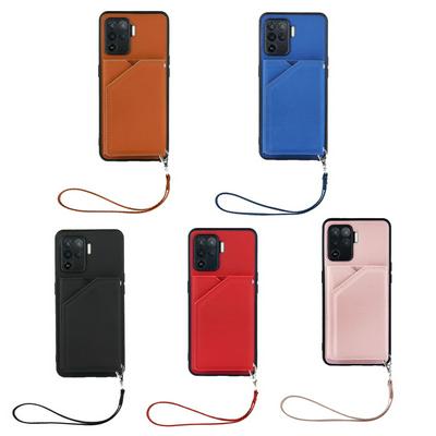 For Oppo A94 5G Skin Feel Card Slots Shockproof PU Leather Stand Wallet Phone Case with Hand Strap