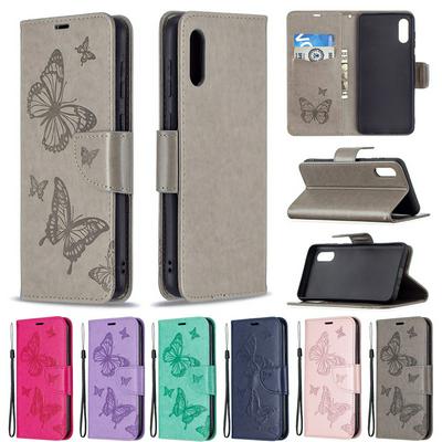 For Samsung Galaxy A02 Embossed Double Butterfly Case Flip Leather Wallet with Wrist Strap & Card Slots