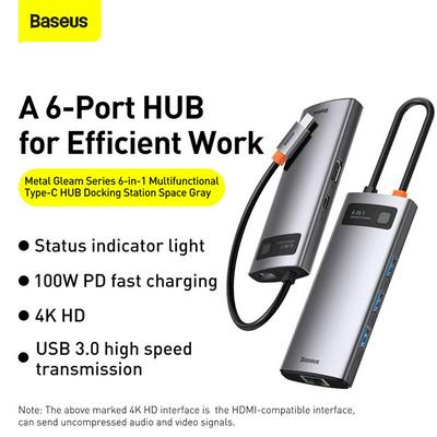 Six-in-One Baseus Metal Glimmer Series Multi-function Type-C HUB Docking Station 