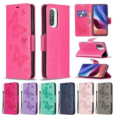 For Xiaomi Poco F3 /Xiaomi Redmi K40 Embossed Double Butterfly Case Flip Leather Wallet with Wrist Strap & Card Slots