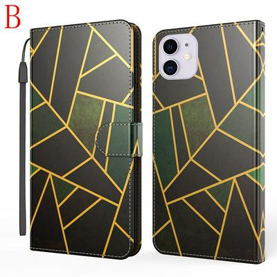 For iPhone 11(6.1) Marble Texture Scratch Resistant Magnetic Button Flip Leather Case with Wristband