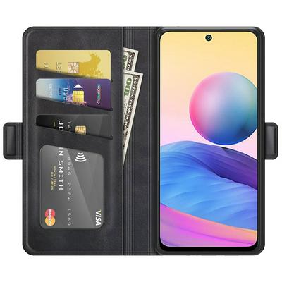 For Xiaomi Redmi Note 10 5G Double Buckle Wallet Style Folio Flip Leather Case with Stand and Card Slots Function