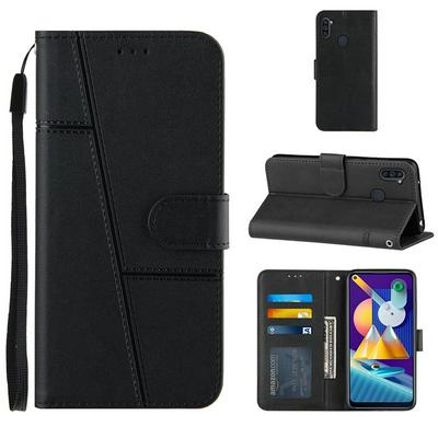 For Samsung Galaxy A11/M11 Stitching Calfskin Scratch Resistant Flip Leather Case with Stand and Card Slots Function