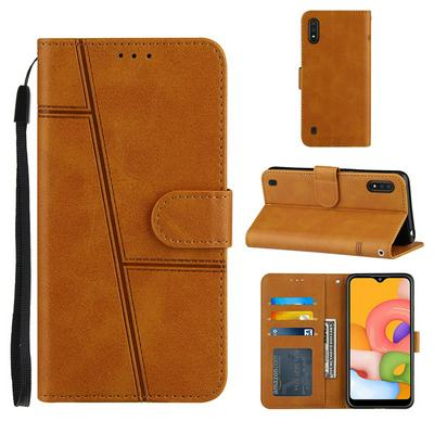 For Samsung Galaxy A01 Stitching Calfskin Scratch Resistant Flip Leather Case with Stand and Card Slots Function