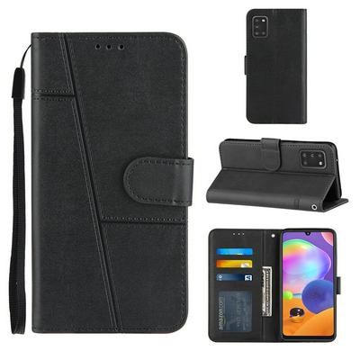 For Samsung Galaxy A31 Stitching Calfskin Scratch Resistant Flip Leather Case with Stand and Card Slots Function