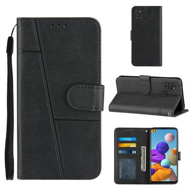 For Samsung Galaxy A21s Stitching Calfskin Scratch Resistant Flip Leather Case with Stand and Card Slots Function