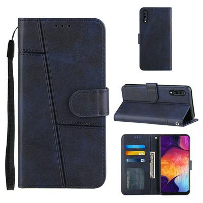 For Samsung Galaxy A50 Stitching Calfskin Scratch Resistant Flip Leather Case with Stand and Card Slots Function
