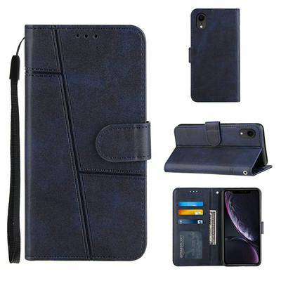 For iPhone XR 6.1 Stitching Calfskin Scratch Resistant Flip Leather Case with Stand and Card Slots Function