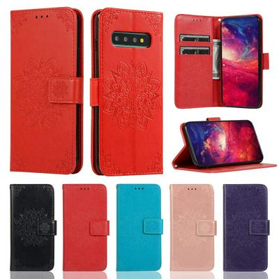 Embossed Wallet Case for Samsung Galaxy S10+, Plain Leather Coated Phone Cover with Hidden Kickstand and Lanyard