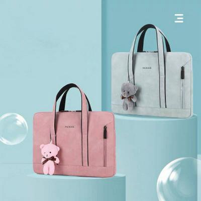 Simple Portable Super Slim Shockproof PU Leather with Handles Zipper Notebook Laptop Bag with Little Bear Pendant