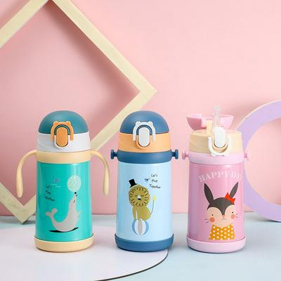 350ML New Fox Cartoon Cute Potable Children's Insulated Stainless Steel Water Bottle with Straw Bouncing Cover Soft Silicone Handle for Autumn & Winter