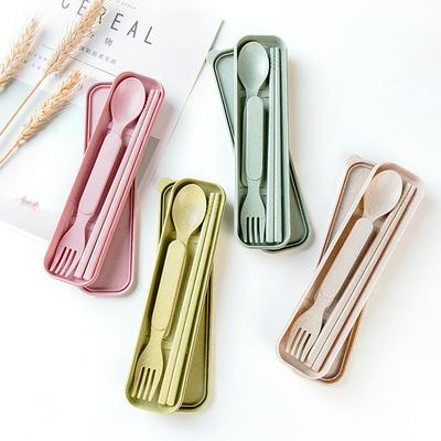 Japan and South Korea Wheat Straw Spoon Fork Chopsticks Three-piece Children Portable Tableware Outdoor Travel Cutlery Set
