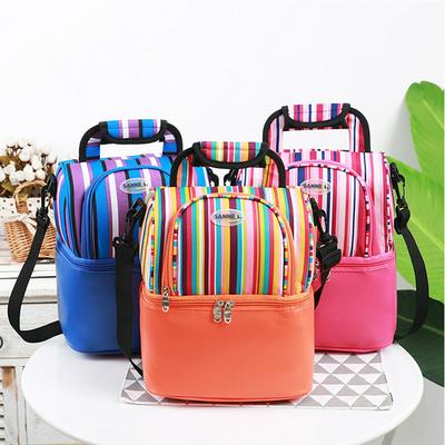 Striped Pattern Portable Double Layers Picnic Bag Oxford Cloth Packed Breastmilk Keeping Fresh Cold Lunch Icy Pack