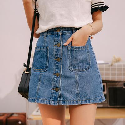 Summer New Arrivals Single Button Pockets Blue Jean Skirt Denim Skirt High Waist A-line Mini Skirts Sexy Women Style Denim Skirt