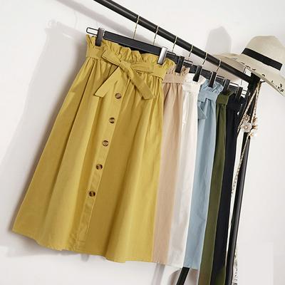 One Size Summer Autumn Women Knee Length Korean Elegant Single Buttons High Waist Pleated Midi Skirt