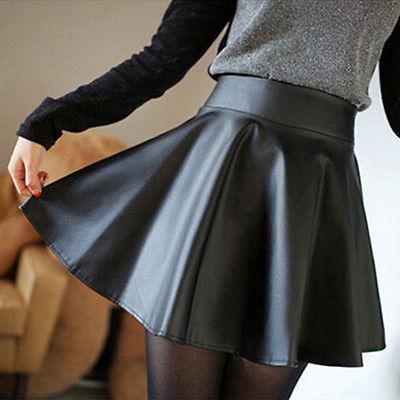 Women's Faux Leather Fashion Stretchy Pleated Mini Skirt A-Line Skater Skirt