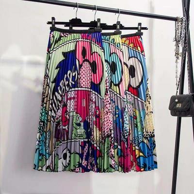 2019 Spring New-Coming Europe Cartoon Pattern High Elasticity Pleated skirt High Street Style A-line Mid-Calf Christmas