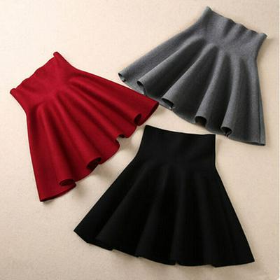 2019 Spring Autumn New Women Skirt Knitting Woolen Midi Skirt Ladies High Waist Casual Pleated Elastic Flared for Women's Skirts