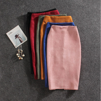 S/M/L Size Vintage Solid Color Suede Women Summer Plus Size Knee-Length Split Pencil Skirt 