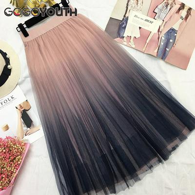 2019 Spring Summer Long Tulle Skirt Gradient Korean Elegant High Waist A-line Pleated School Midi Skirt for Female Long Skirt