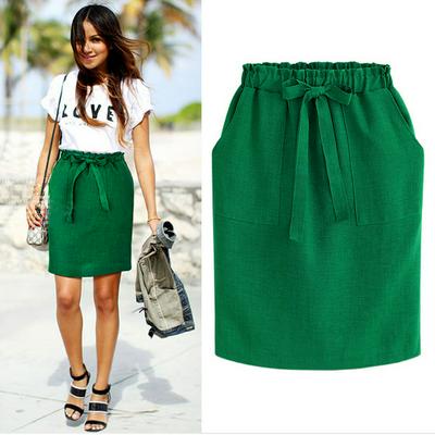 2019 New Spring Summer Elegant Midi Skirts Women's Office Pencil Skirt Cotton Elastic Waist Package Hip Skirt Bow Skirt Green for Lady's Skirt
