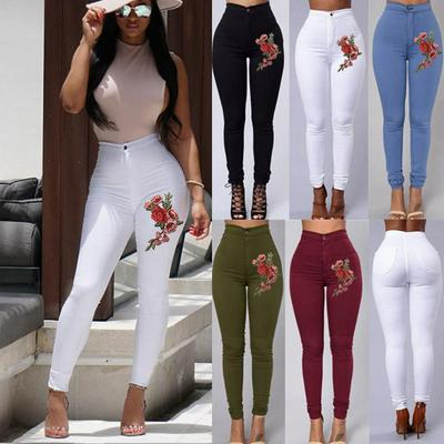 Fashion Women's High Waist Embroidery Pattern Tight-Fitting Stretch Pencil Long Section Slim Casual Leggings Jeans