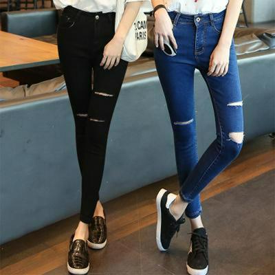 Cowboy Korean Hole Jeans Women's Cropped Pants Stretch Slim Trendy Denim Pants