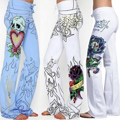 Fashion Women Baggy Skull Rose High Waist Long Pants Hippie Wide Leg Boho Pants Flower Printing