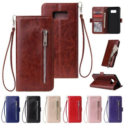 Wrist Strap PU Leather + TPU with Zipper Card Slots Wallet and Stand Picture Frame Cover Case for Samsung Galaxy S8 Plus
