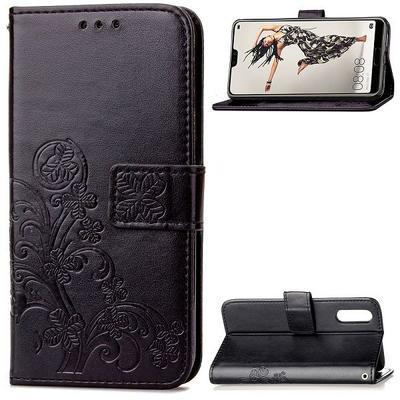 Embossed Four-Leaf Clover Pattern Shockproof Side Flip PU Leather + Soft TPU Card Slots with Wrist Strap Stand and Magnetic Buckle Wallet Protective Case for Huawei P20 Pro