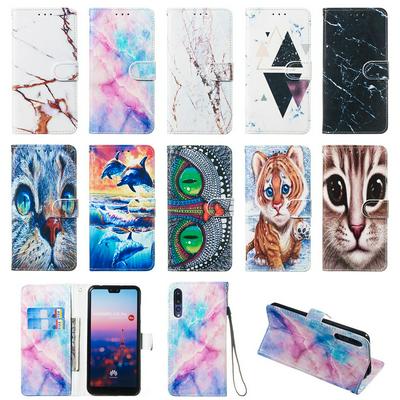 Colored Cat Tiger Owl Dolphin Pattern PU Leather + Soft TPU Card Slots with Stand Wallet Protective Case for Huawei P20 Pro