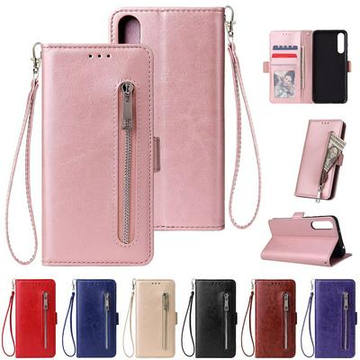 Leather Wallet Case for HUAWEI P20 Pro, Plain Zipper Phone Cover with Wrist Strap