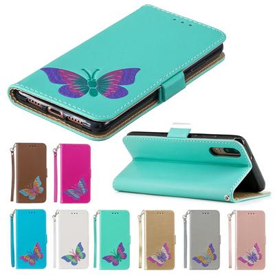 Wrist Strap Colored Painted Butterfly Pattern Wallet Card Holder Stand Support Picture Frame PU Leather + TPU Phone Case for Huawei P20 