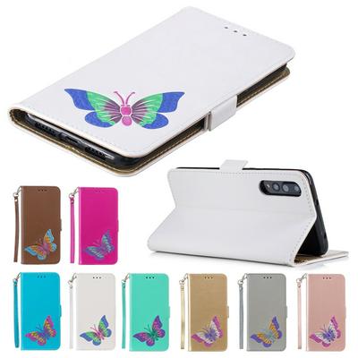 Wrist Strap Colored Painted Butterfly Pattern Wallet Card Holder Stand Support Picture Frame PU Leather + TPU Phone Case for Huawei P20 Pro 