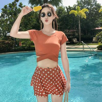M/L/XL Size Fashion Summer Female Split Conservative Covered belly Short Sleeve Top + Boxer Shorts Swimwear Two-Piece Set for Holiday Hot Spring Beach