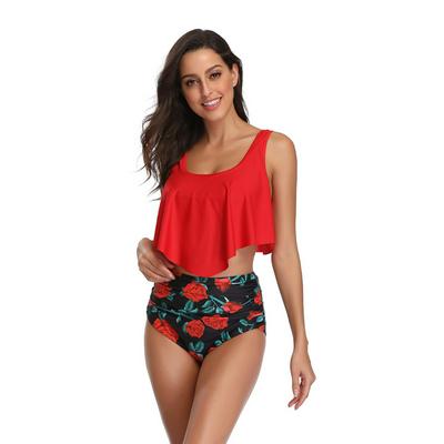 M-2XL Size Fashion Summer Female Split Solid Ruffled Sleeveless Top + Print High Waist Brief Two-Piece Set for Holiday Hot Spring Beach