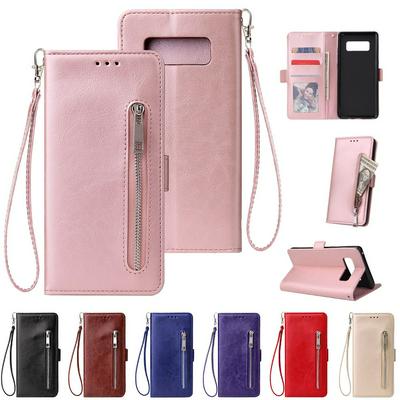 Leather Wallet Case for Samsung Galaxy Note 8, Plain Zipper Phone Cover with Wrist Strap
